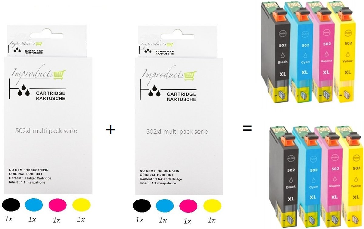 Improducts® Inktcartridge Alternatief Epson 2x T502XL Zwart + 2x T502XL Cyaan + 2x T502XL Magenta + 2x T502XL Geel | Epson 502XL totaal 8 stuks